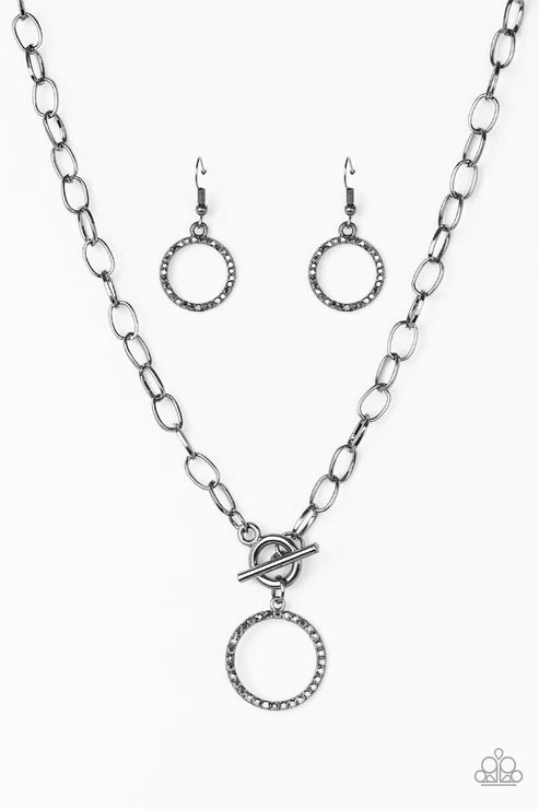 All In Favor Black Gunmetal Hematite Rhinestone Toggle Necklace Paparazzi Accessories