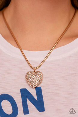 Sequined Sweetheart Gold Rhinestone Heart Necklace Paparazzi Accessories