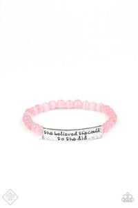 cat's eye,inspirational,pink,stretchy,So She Did Pink Cat's Eye Stretchy Bracelet
