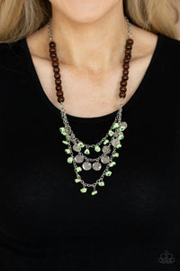 crackle stone,green,long necklace,wooden,Plains Paradise Green Crackle Stone Wood Necklace