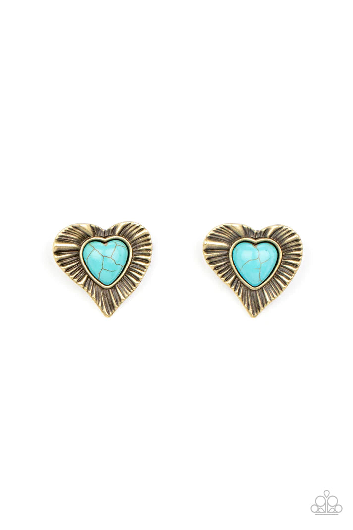 Rustic Romance Brass Turquoise Stone Heart Earrings Paparazzi Accessories