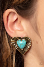 Load image into Gallery viewer, Rustic Romance Brass Turquoise Stone Heart Earrings Paparazzi Accessories