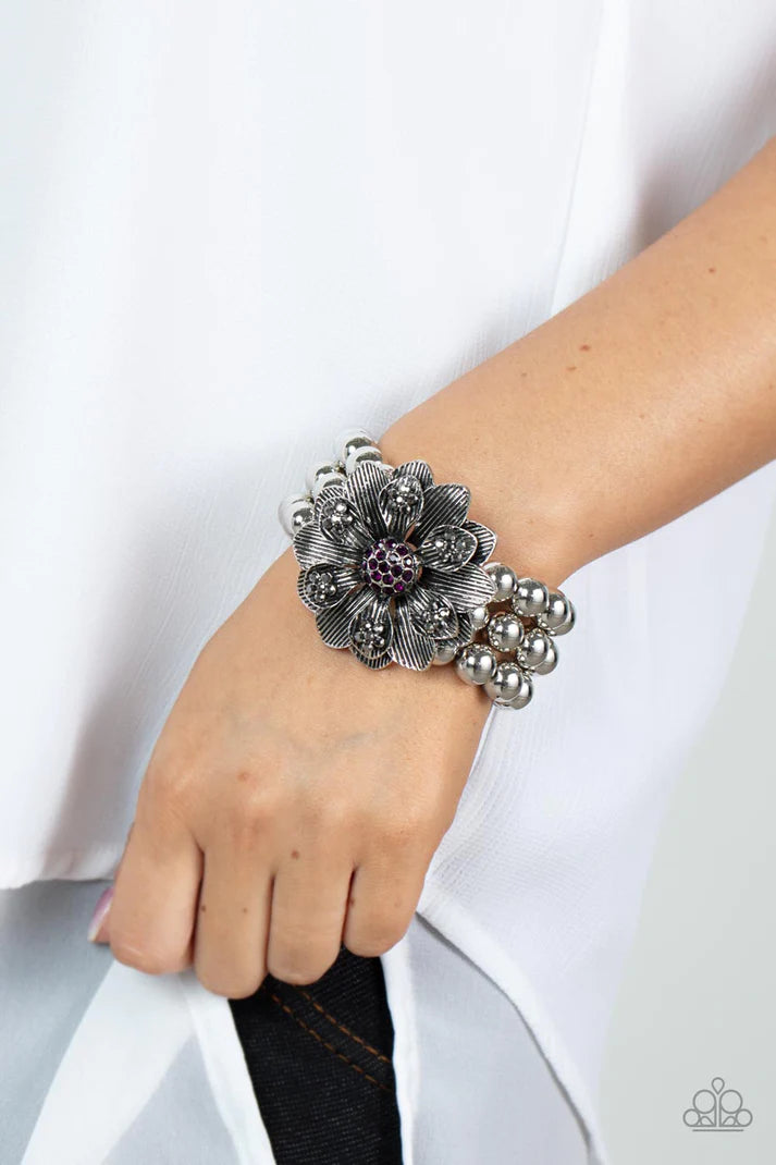 Botanical Bravado Purple Rhinestone Floral Stretchy Bracelet Paparazzi Accessories