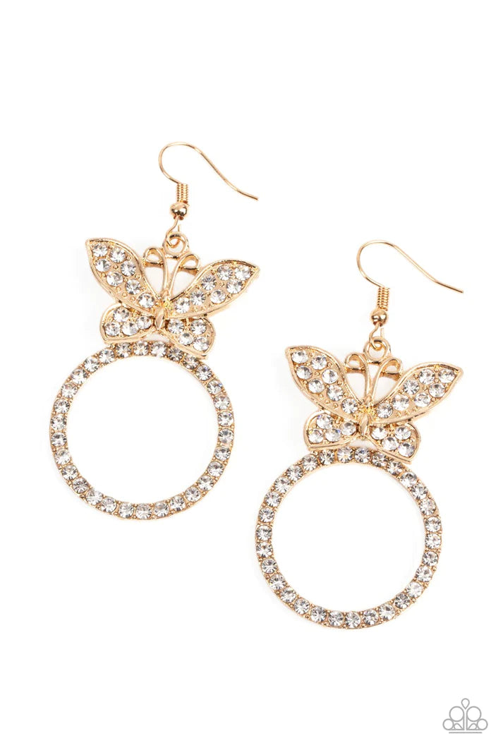 Paradise Found Gold Rhinestone Butterfly Earrings Paparazzi Accessories