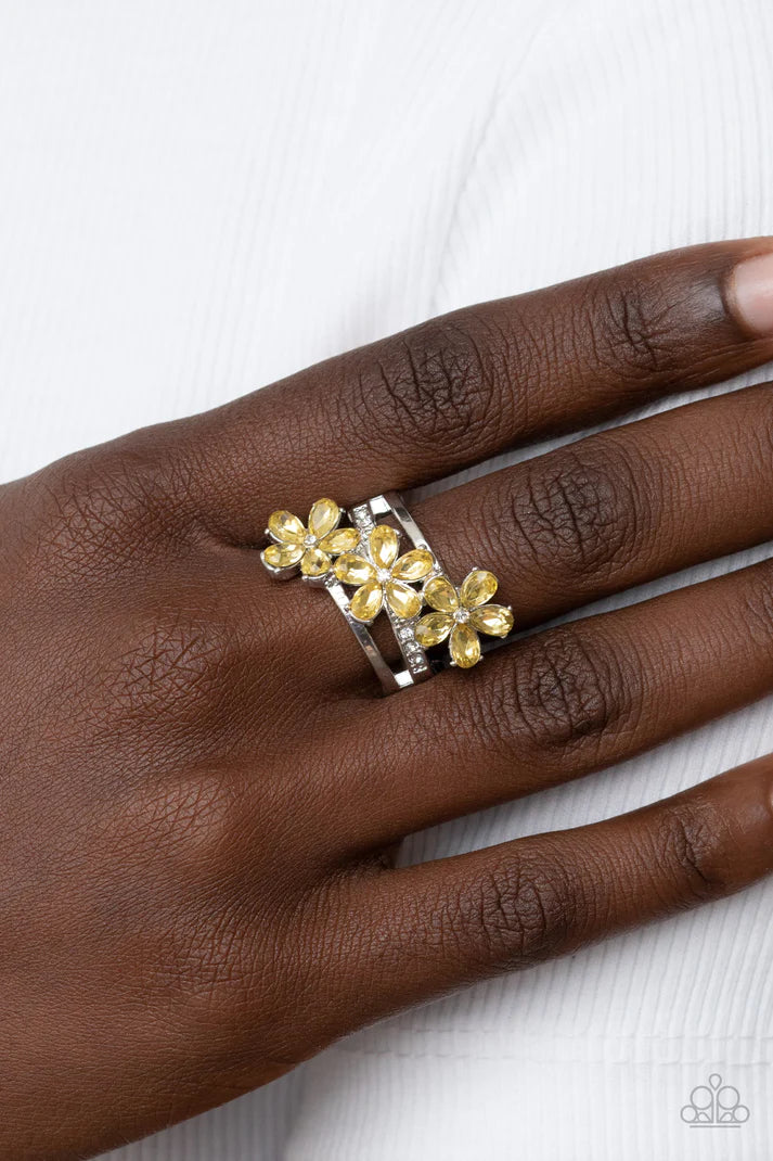 Posh Petals Yellow Rhinestone Floral Ring Paparazzi Accessories