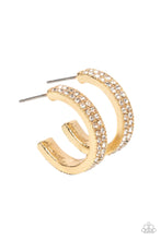 Load image into Gallery viewer, Small Town Twinkle Gold Rhinestone Hoop Earrings Paparazzi Accessories