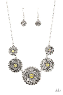 Marigold Meadows Yellow Rhinestone Floral Necklace Paparazzi Accessories