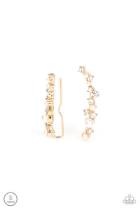 ear crawler,gold,pearls,rhinestones,Couture Crawl Gold Pearl Rhinestone Ear Crawler Post Earrings
