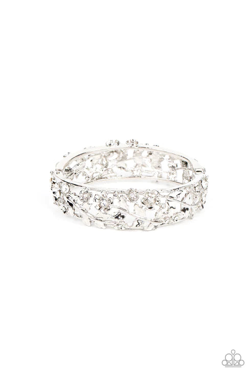 Ripe For The Picking White Rhinestone Floral Hinge Bracelet Paparazzi Accessories
