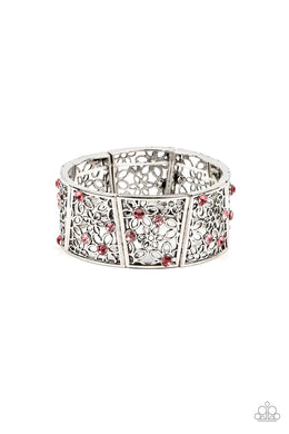 Spring Greetings Pink Rhinestone Floral Stretchy Bracelet Paparazzi Accessories