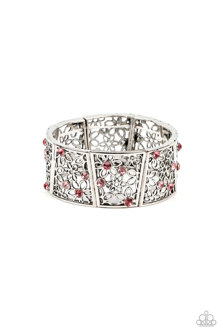 Spring Greetings Pink Rhinestone Floral Stretchy Bracelet Paparazzi Accessories