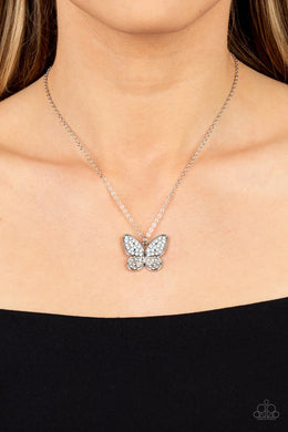 Flutter Forte White Rhinestone Butterfly Necklace Paparazzi Accessories