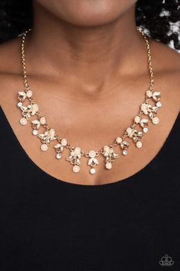 Garden Princess Gold Pearl Rhinestone Floral Necklace Paparazzi Accessories