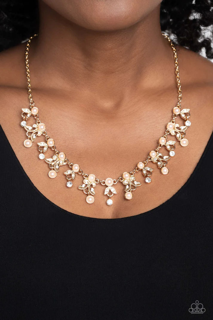 Garden Princess Gold Pearl Rhinestone Floral Necklace Paparazzi Accessories