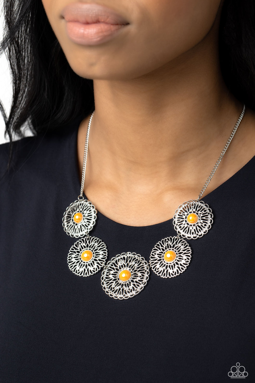 Chrysanthemum Craze Orange Floral Cat's Eye Necklace Paparazzi Accessories