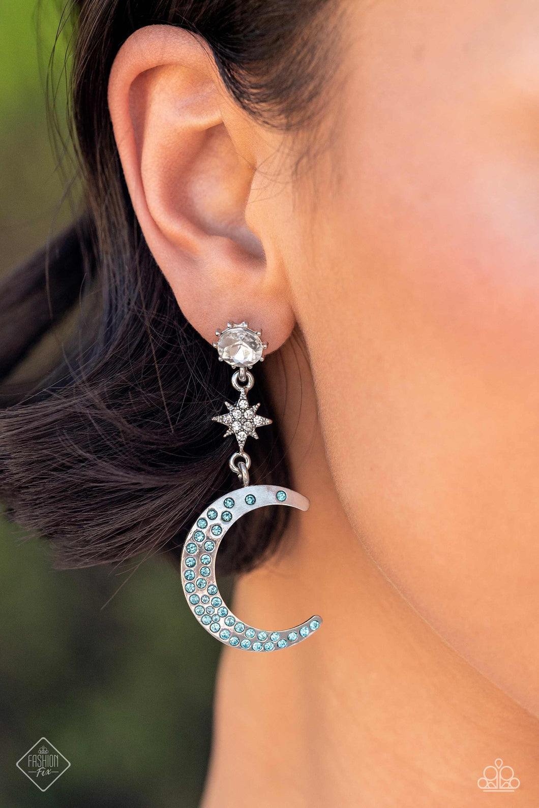 Galactic Grouping Blue Rhinestone Moon Post Earrings Paparazzi Accessories