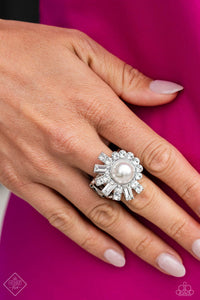 fashion fix,pearls,rhinestones,white,wide back,Gatsby Getaway White Rhinestone Pearl Ring