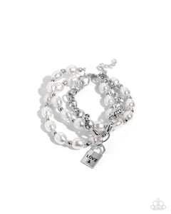 lobster claw clasp,pearls,white,LOVE-Locked Legacy - White Pearl Bracelet