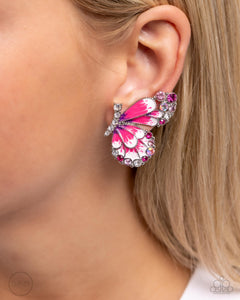 butterfly,clip-on,pink,Decadent Descent - Pink Butterfly Clip-On Earrings