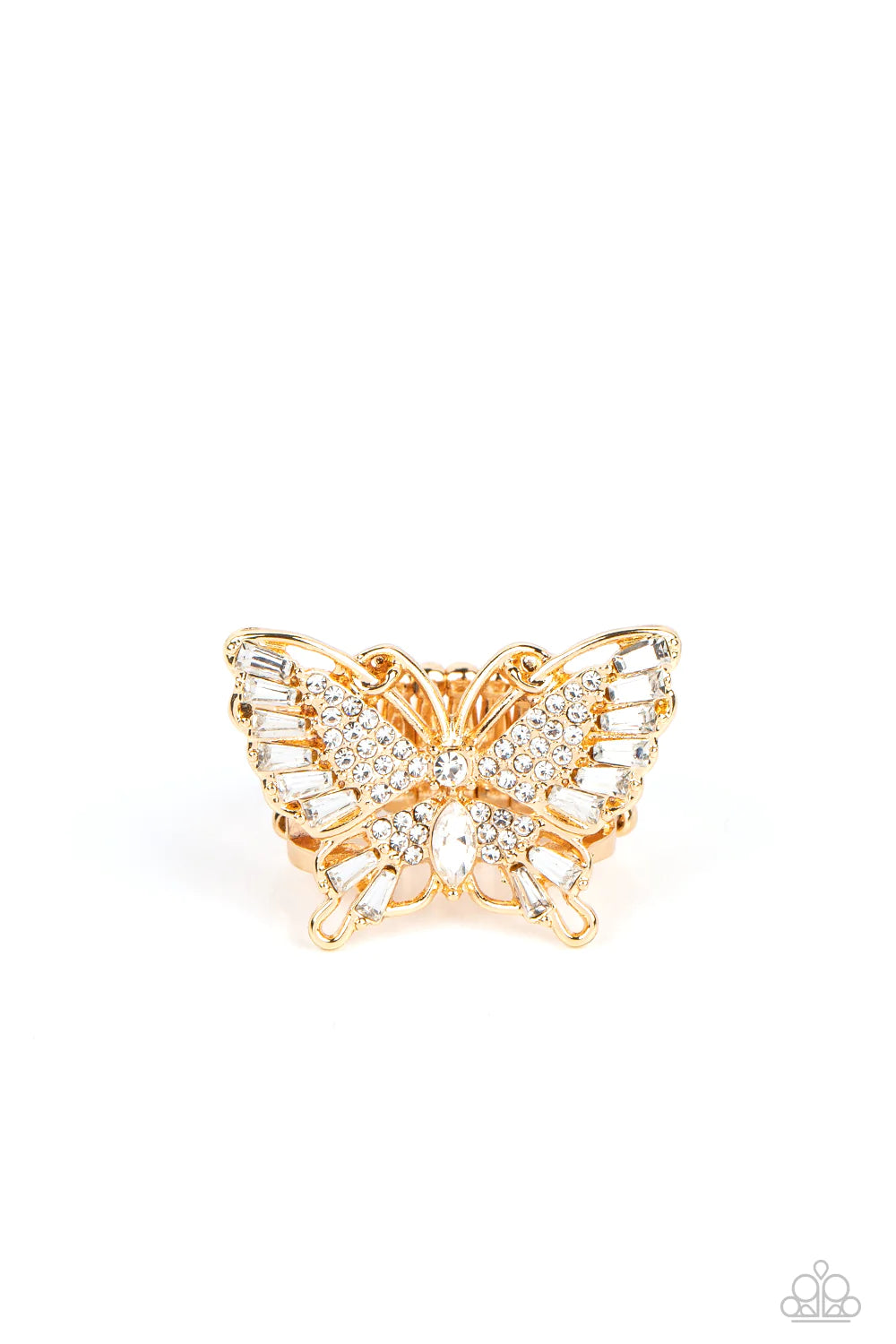 Fearless Flutter Gold Rhinestone Butterfly Ring Paparazzi Accessories