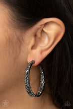 Load image into Gallery viewer, GLITZY By Association - Black Rhinestone Gunmetal Hoop Earrings Paparazzi Accessories
