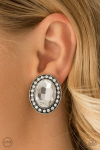 clip-on,rhinestones,silver,Titanic Treasure White Clip-On Earring