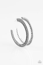 Load image into Gallery viewer, Haute Mama Silver Rhinestone Hoop Earrings Paparazzi Accessories