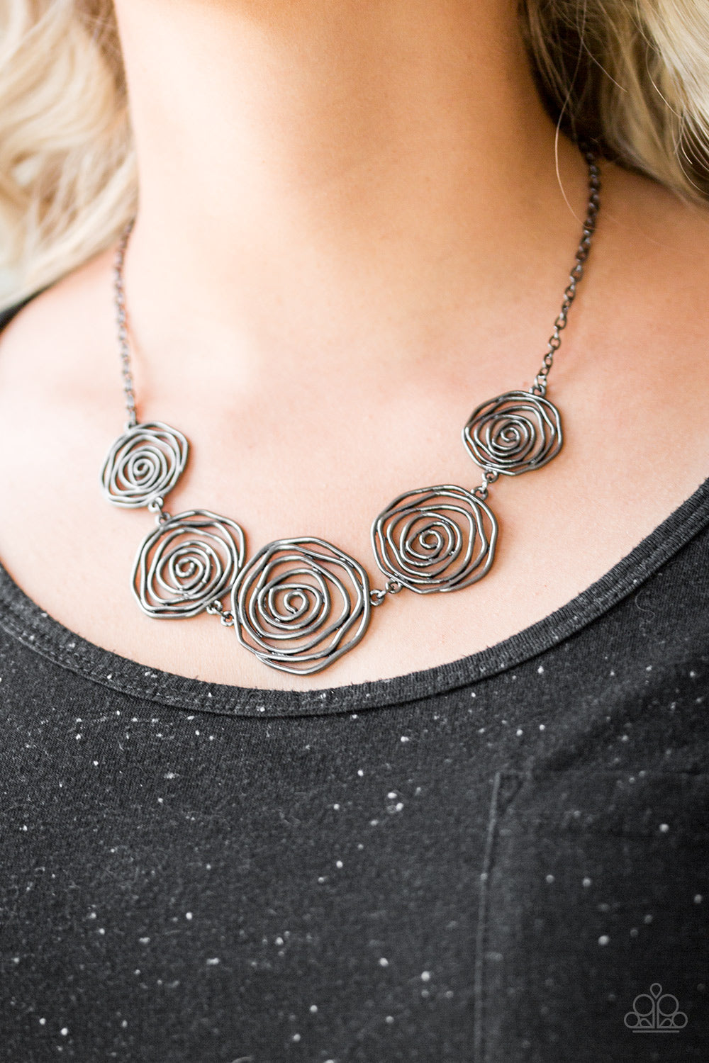 Rosy Rosette Black Gunmetal Floral Necklace Paparazzi Accessories