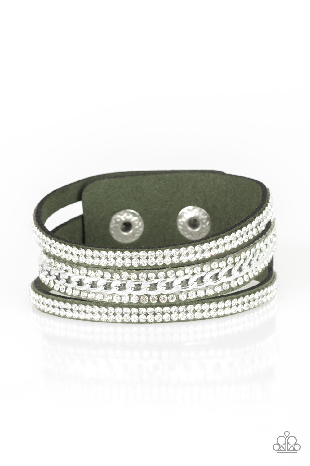 Rollin In Rhinestones - Green Leather Wrap Bracelet Paparazzi Accessories