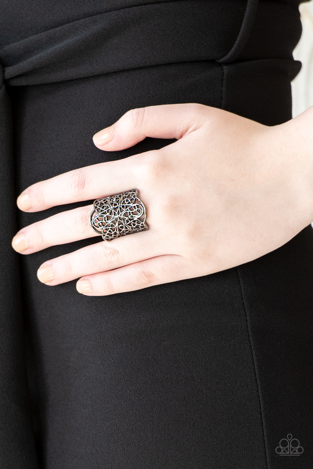 The Way You Make me Frill Black Gunmetal Ring Paparazzi Accessories