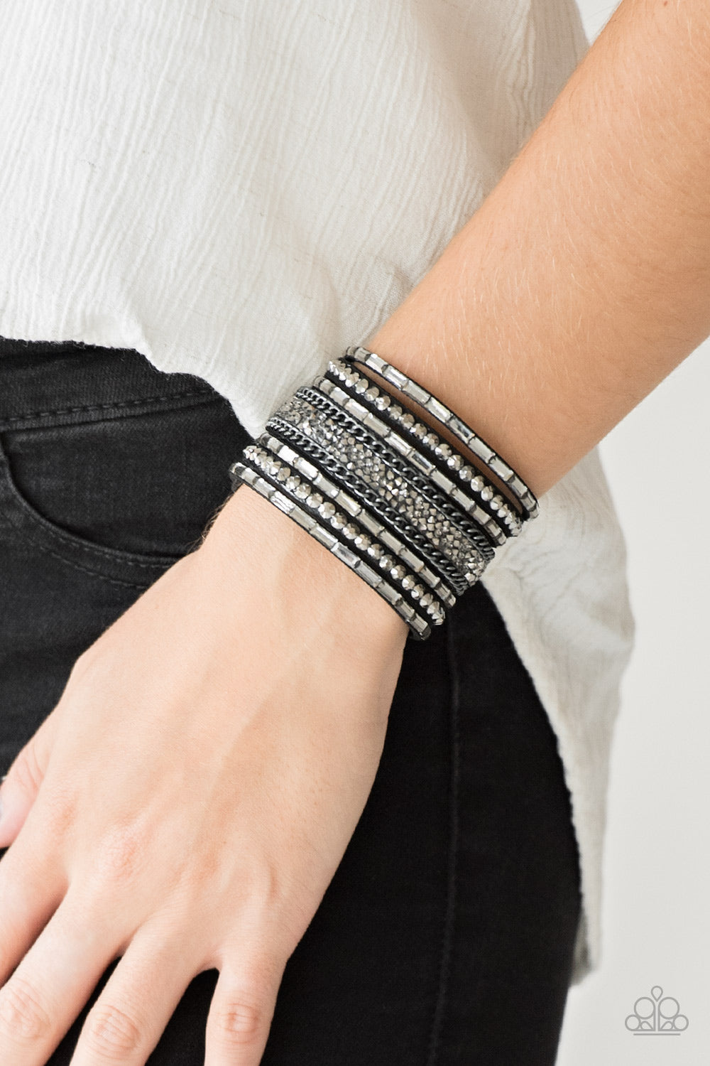 Rhinestone Rumble - Black Wrap Bracelet Paparazzi Accessories