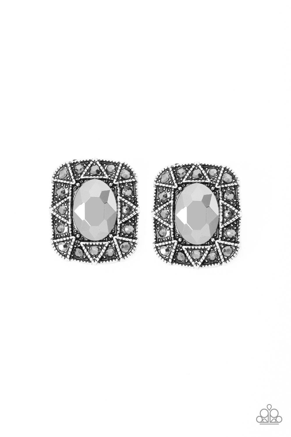 Young Money - Silver Hematite Rhinestone Post Earrings Paparazzi Accessories
