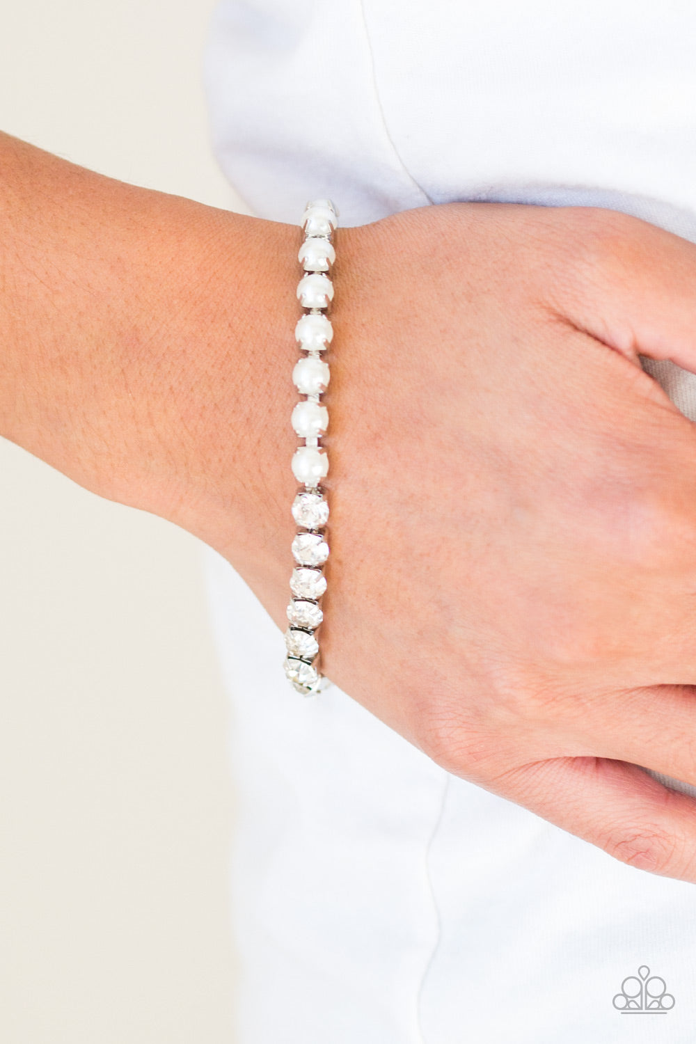 Out Like A SOCIALITE - White Pearl Rhinestone Bracelet Paparazzi Accessories