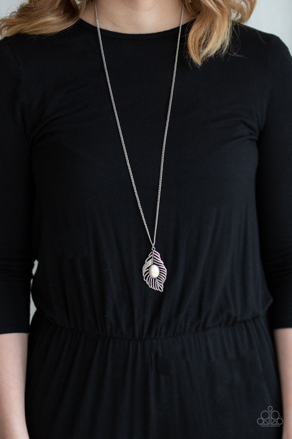 Flight Path - White Stone Feather Necklace Paparazzi Accessories