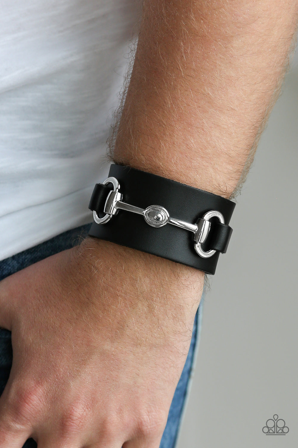 Biker Band Black Leather Bracelet Paparazzi Accessories