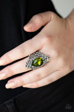 Load image into Gallery viewer, Hollywood Heiress Green Rhinestone Ring Paparazzi Accessories