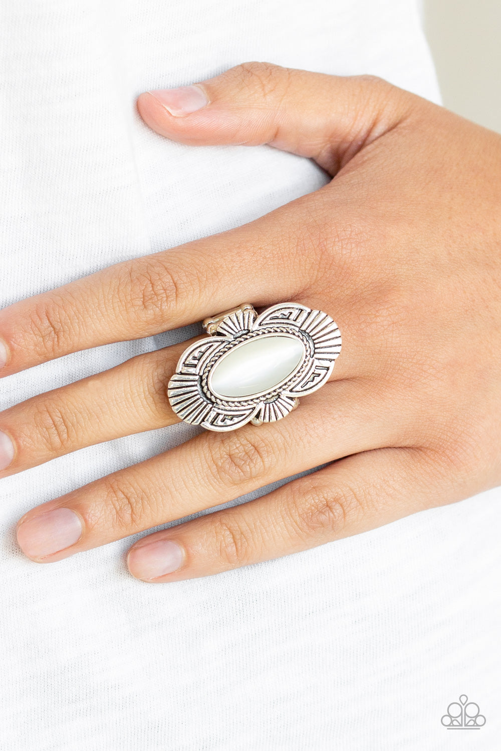 Oceanside Oracle White Moonstone Ring Paparazzi Accessories