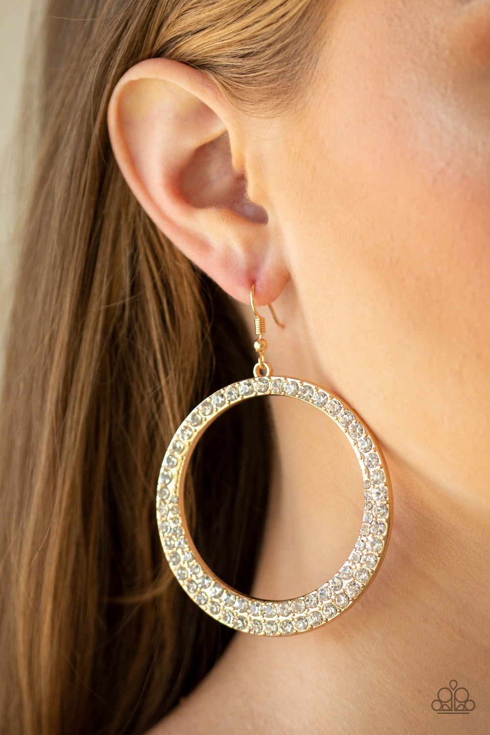 So Demanding Gold Rhinestone Earrings Paparazzi Accessories