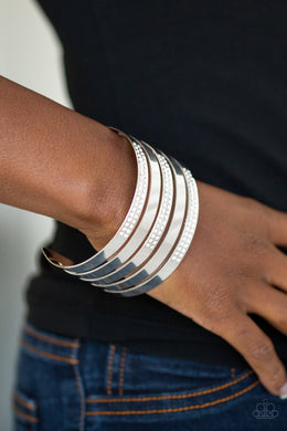 Big Time Time Shine White Rhinestone Cuff Bracelet Paparazzi Accessories