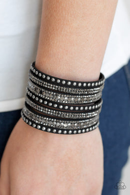 All Hustle and Hairspray Black Rhinestone Wrap Bracelet Paparazzi Accessories