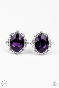 clip-on,purple,rhinestones,Regally Radiant - Purple Rhinestone Clip-On Earrings