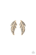 Load image into Gallery viewer, Feathered Fortune - Gold Feather Rhinestone Earring Paparazzi Accessories