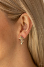 Load image into Gallery viewer, Feathered Fortune - Gold Feather Rhinestone Earring Paparazzi Accessories
