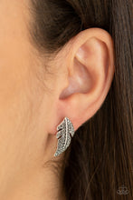 Load image into Gallery viewer, Feathered Fortune - Silver Rhinestone Feather Post Earrings Paparazzi Accessories