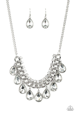 All Toget-Heir Now White Rhinestone Necklace Paparazzi Accessories