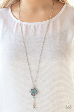 Unlocked Blue Rhinestone Key Necklace Paparazzi Accessories