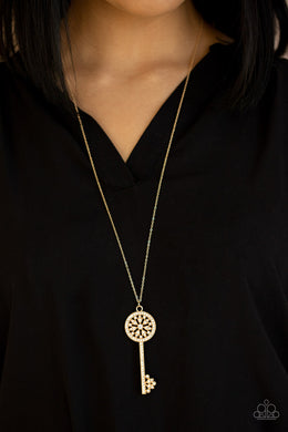Keeping Secrets Gold Rhinestone Key Necklace Paparazzi Accessories