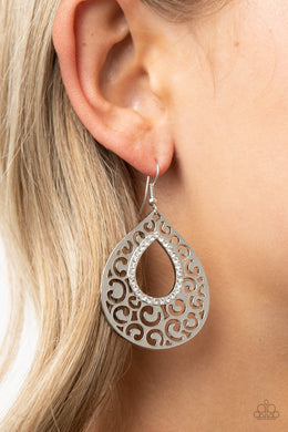 Airy Applique - White Rhinestone Earrings Paparazzi Accessories