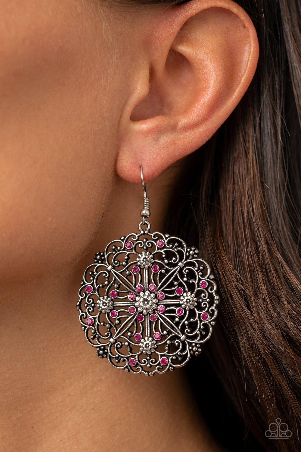 Oh MANDALA! - Pink Rhinestone Floral Earrings Paparazzi Accessories