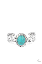 Load image into Gallery viewer, Western Wings - Blue Stone Feather Cuff Bracelet Paparazzi Accessories